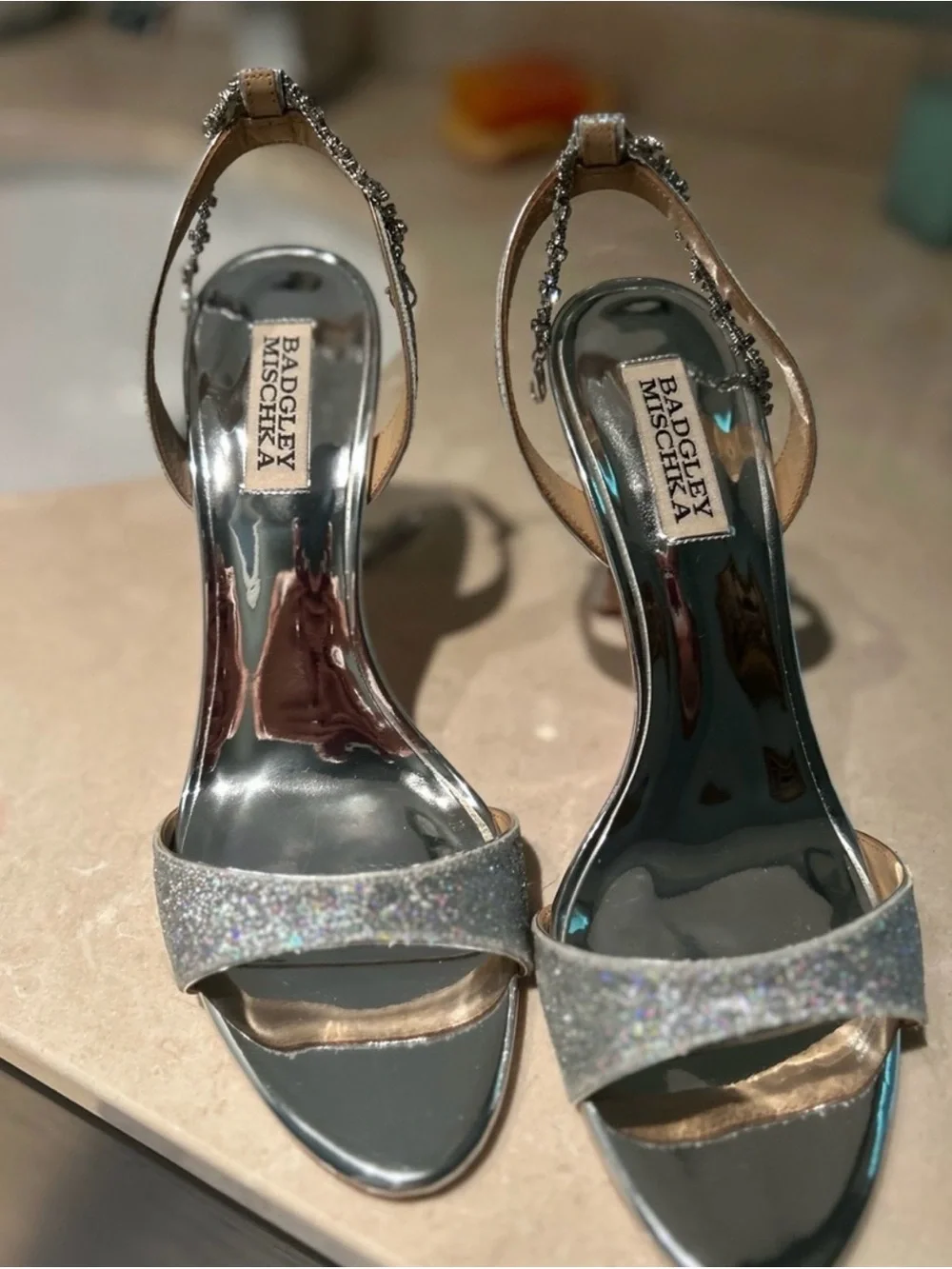 Badgley Mischka Silver Glitter Strap Slingback Heels